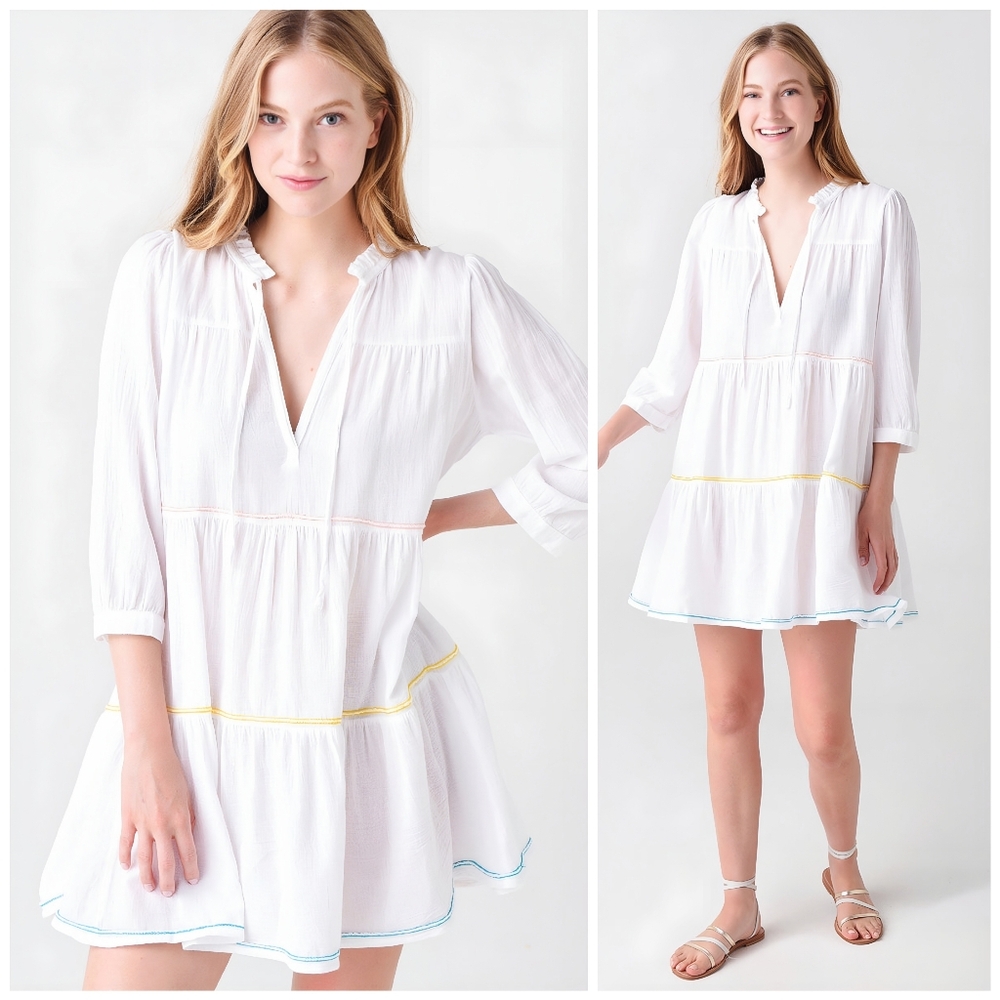 Honorine White Multicolor Tiered Giselle Dress, XS